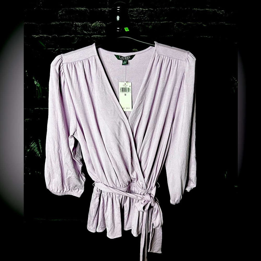 NEW Ralph Lauren Lauren 3/4 Blouson Sleeve Shanetta Peplum Wrap Purple Blouse M